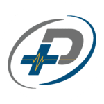 A logo featuring a stylized gray letter D and a blue medical cross with a yellow heartbeat line. Both elements are encircled by a gray and blue swoosh on a white background.